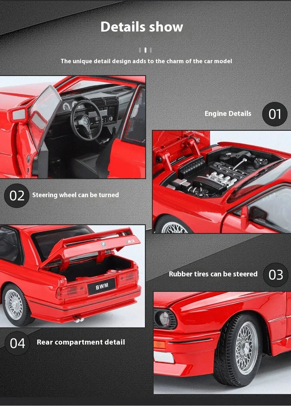 1:24 1988 BMW M3 E30 Diecast Alloy Model Car – Sound & Light Collectible Sports Car