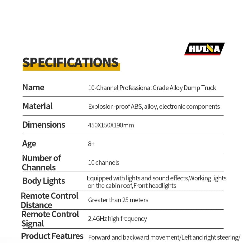 HuiNa 1573 1/14 RC Dump Truck 10CH Alloy Construction Vehicle Remote Control