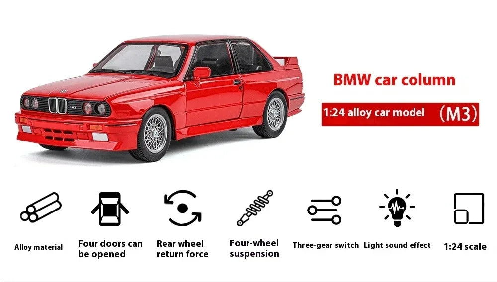 1:24 1988 BMW M3 E30 Diecast Alloy Model Car – Sound & Light Collectible Sports Car
