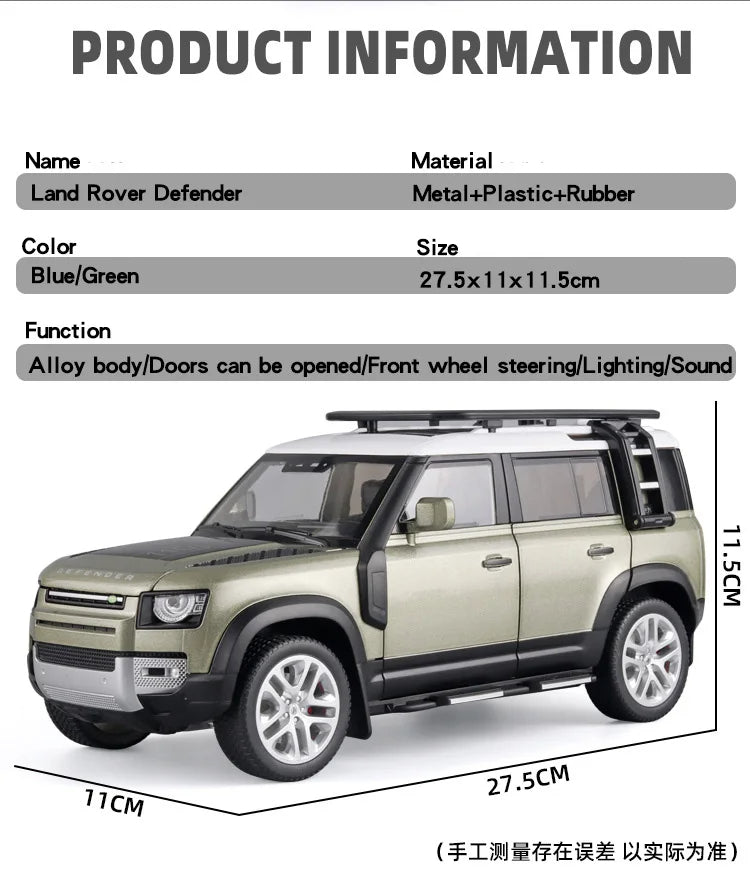 1:18 Land Rover Defender 110 Diecast Model Car – Alloy SUV with Sound & Light Collectible Toy Gift