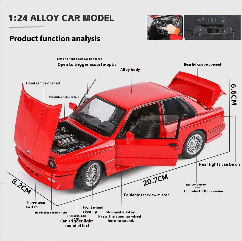 1:24 1988 BMW M3 E30 Diecast Alloy Model Car – Sound & Light Collectible Sports Car