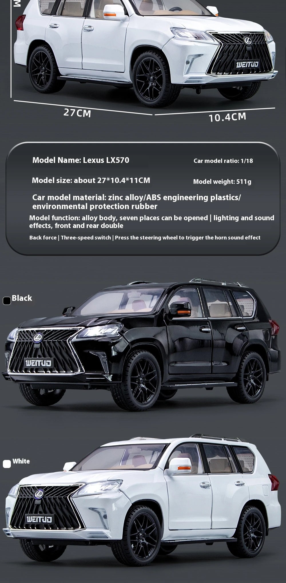 1:18 Lexus LX570 Diecast SUV Model Car – Large Alloy Off-Road Vehicle with Sound & Light